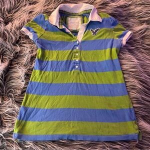 Blue and green striped polo shirt 🦋